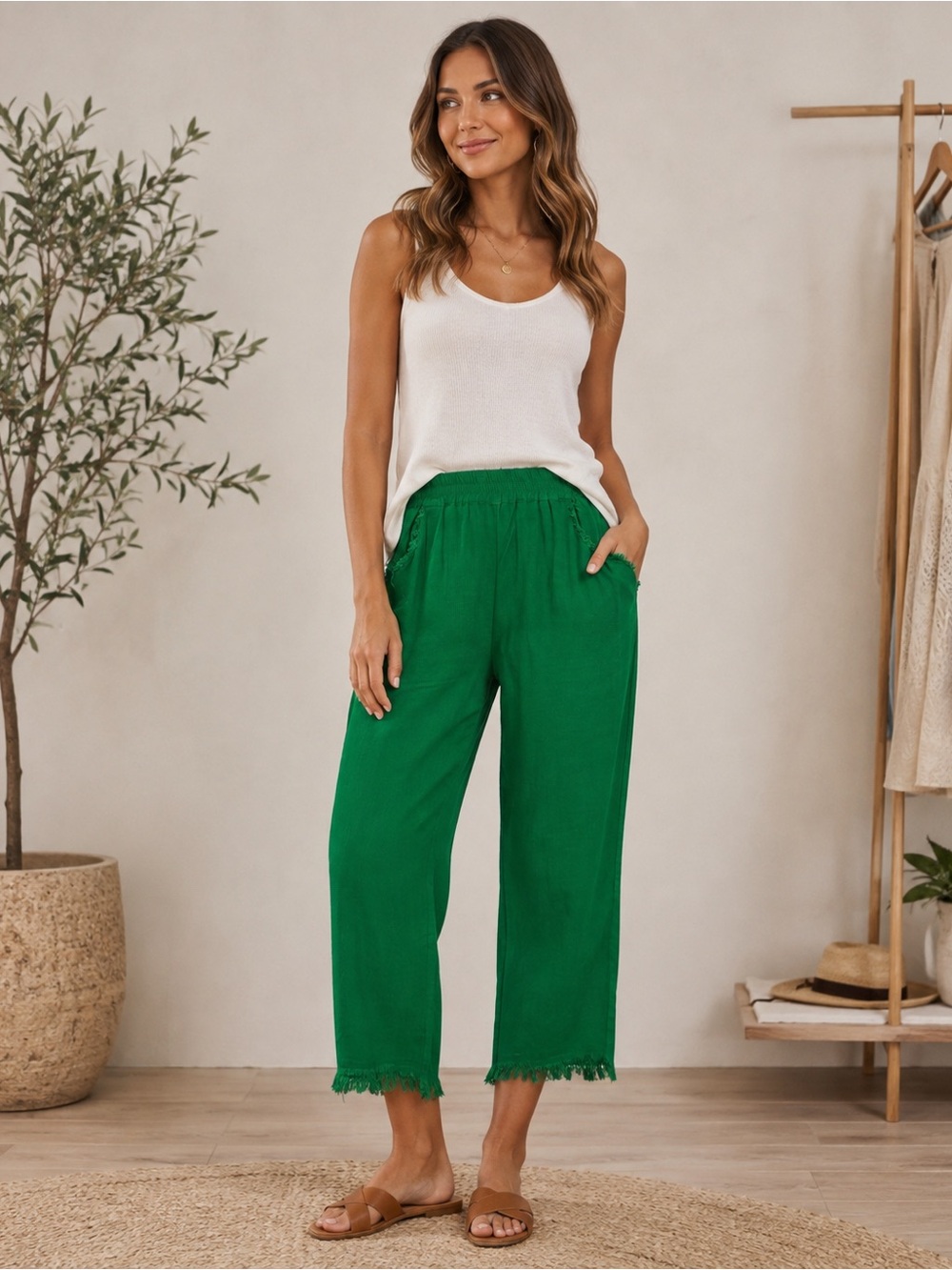 Ocean Green Linen Blend Cropped Pants Size Large Raw Hem Elastic Waist